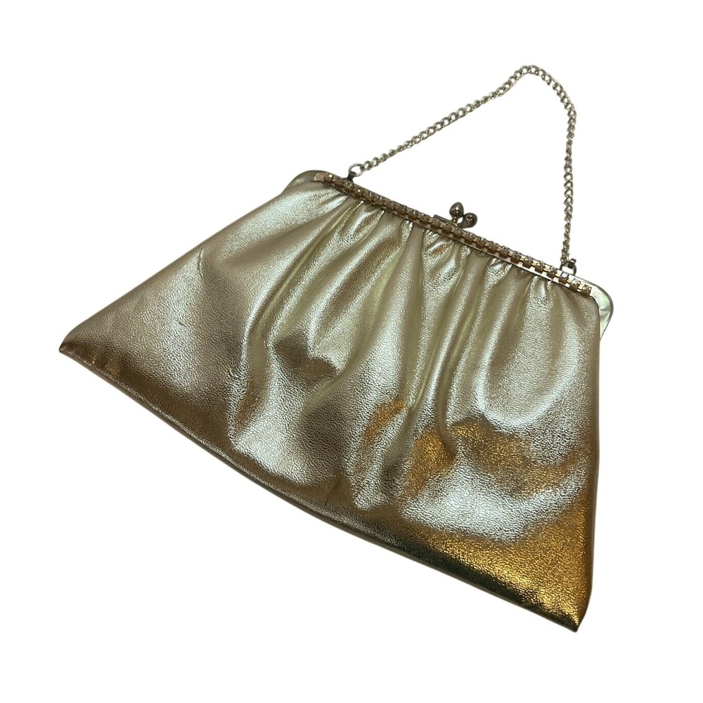 Vintage Gold‎ Metallic Clutch Evening Bag Rhinestone Trim Kiss Lock Chain Strap